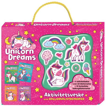 Unicorn Dreams. Aktivitetsveske med ballongklistremerker og 3 aktivitetsbøker